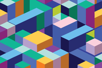 Abstract geometric pattern composed of isometric cubes in vibrant multicolor with transparency