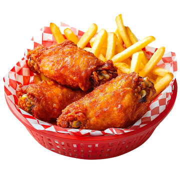 chicken hot wings and fries basket with red and white checkered lining inside of red food basket, juicy hot wings placed on top of golden fries isolated on a White background