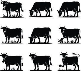 Cow Silhouette Set – Farm Animal Vector Icons Cattle Silhouette Collection – Cow, Bull, Calf Icons Pack