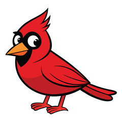 Cartoon red cardinal bird with big eyes stands alert, displaying its bright orange beak