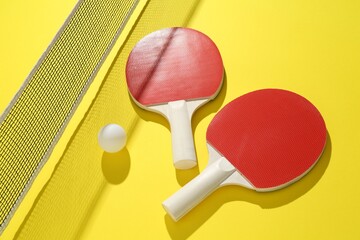 Ping pong rackets, ball and net on yellow background