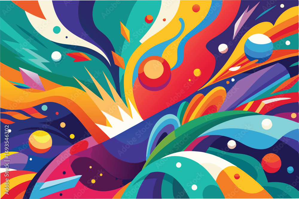 Poster colorful abstract vector illustration depicting dynamic movement with bold shapes, swirls, and cosmi
