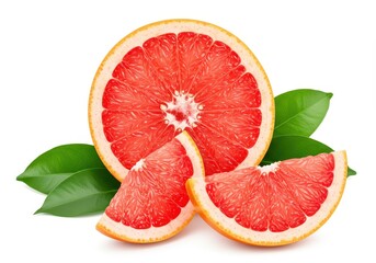 Sliced grapefruit with green leaves isolated on white background