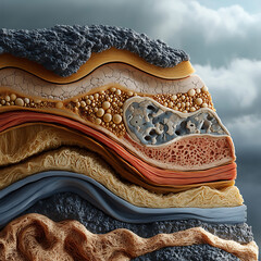 Obraz premium Macro geology displays layers featuring soil, sand, rock formations under an overcast sky