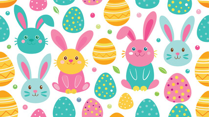 seamless pattern easter eggs bunnies white.