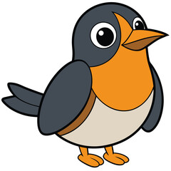 Cartoon robin bird stands, sporting orange chest and grey feathers in a cute style