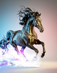 Obraz premium An American Saddlebred horse with its head held high, at a high walk, trotting with its tail set high and flowing dramatically behind