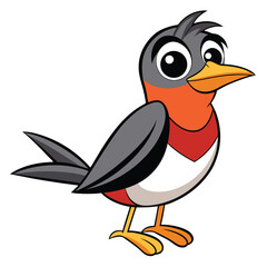 Cartoon robin stands looking curious with its orange chest and yellow beak