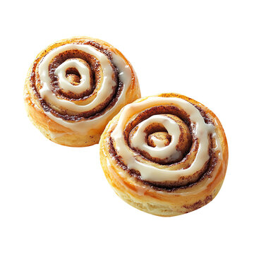 Cinnamon rolls, one plain and one drizzled with icing, showcasing a perfect spiral of golden brown dough.isolated on a White background