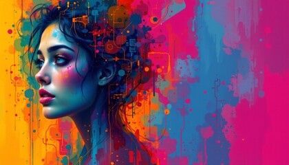 create an abstract, vibrant artwork featuring a colorful background, position your subject