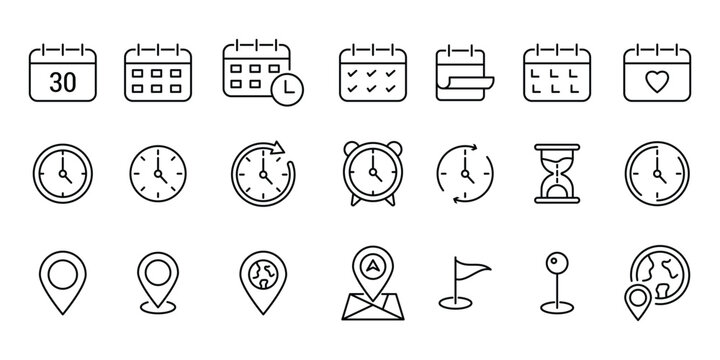 Time, date and address line icons set. calendar, clock, gps point, flag point, globe point  Containing hourglass, pin, stopwatch. Editable stroke for mobile and web. Isolated on white background.