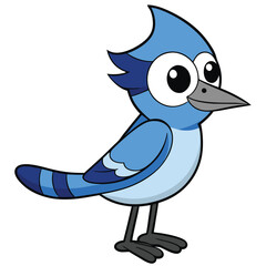 Blue Jay cartoon bird with big eyes stands in a cheerful posture