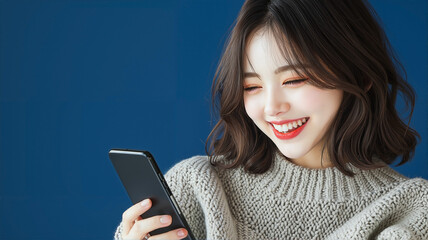 Fototapeta premium Modern lifestyle portrait of happy young Asian woman with soft waves in cozy oversized sweater, laughing and swiping smartphone against solid deep blue background with dramatic lighting