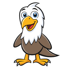 Cheerful cartoon bald eagle is standing upright with a big smile on its face