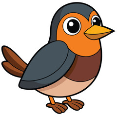 Charming little cartoon bird with bright orange chest and large eyes stands alone