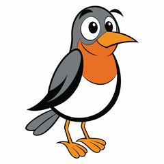 Cartoon robin bird stands upright with orange chest and funny expression looks cheerful