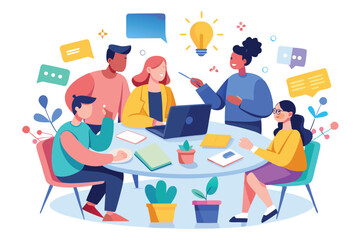 Collaborative workspace featuring diverse professionals engaged in a brainstorming session with digital tools and visuals