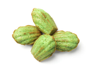 Tasty matcha madeleine cakes isolated on white