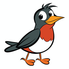 A cartoon robin with gray wings and orange chest curiously stands alone