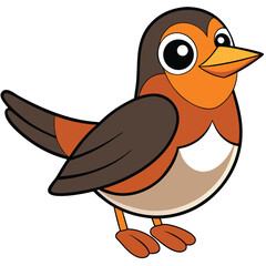 Charming cartoon robin bird with bright orange chest feathers stands on a simple white background