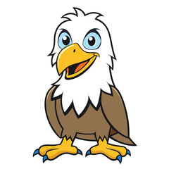 A happy cartoon bald eagle stands cheerfully with its distinctive yellow beak and talons