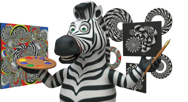 A cartoon zebra artist creating colorful abstract art with unique artistic flair and inspiration.
