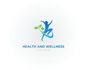 Health and wellness logo design with human figure and leaves vector template