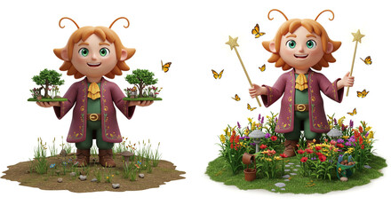 Fototapeta premium A cheerful cartoon elf holding miniature gardens, butterflies fluttering around a vivid scene.