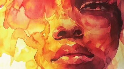 Watercolor painting of a face in red, orange, and yellow hues