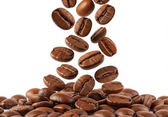 Obraz premium Falling roasted coffee beans isolated on white background, brown color