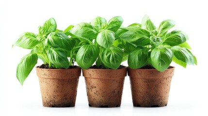 Naklejka premium Three vibrant basil plants in terracotta pots, isolated on a white background. Fresh, green, and healthy, perfect for cooking or gardening.
