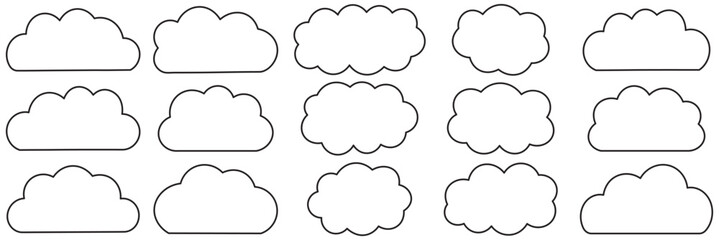 Fototapeta premium Black abstract cloud illustration set. Cute fluffy, bubbly clouds collection. Vector set of clouds shapes. Abstract comic weather elements. Objects cloudscape for game. Black cloud icon vector set.