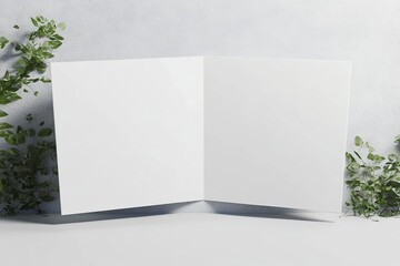 Open White Card Mockup with Green Leaves on Concrete Wall, Mockup, Card mockup