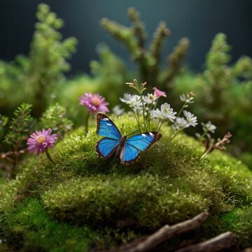microworld with moss, flowers, ladybug, butterfly