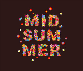 Night before Ivan Kupala. Colorful Flowers midsummer lettering on dark background for tshirt and bag print, holiday poster