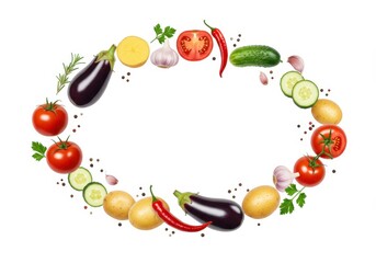 Assorted vegetables and spices isolated on white background, oval shape