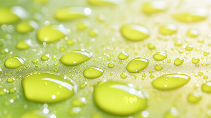 Fototapeta premium Close-up of fresh dewdrops on green surface.