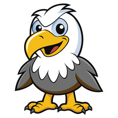 Bald eagle cartoon character stands confidently while smiling sweetly and showcasing yellow talons