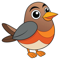 A cute cartoon robin stands cheerfully with its brown feathers and orange breast