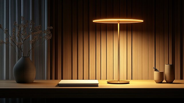 Warm, minimalist desk lamp illuminates a wooden surface