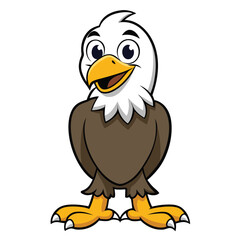 Adorable cartoon eagle with a white head and brown body stands smiling cheerfully
