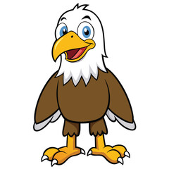 Cartoon American eagle character stands smiling with feathers on white background