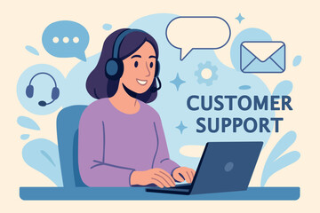 Flat vector illustration of smiling female customer support operator with headset and laptop. Perfect for websites, call centers, help desks, business services, or tech support platforms, vacancies