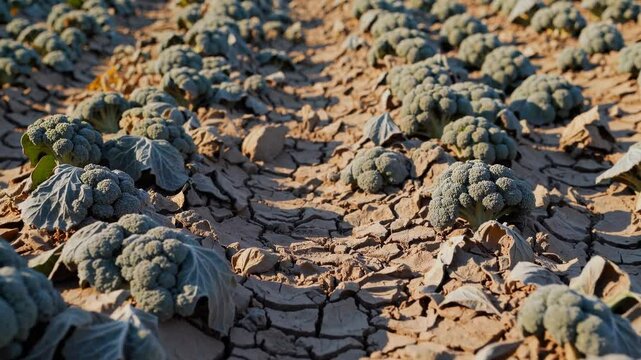 A field of dried broccoli on cracked soil, damaged by extreme heat and climate change-induced drought conditions. Timelapse of growing broccoli field in dry, cracked earth under sunlight