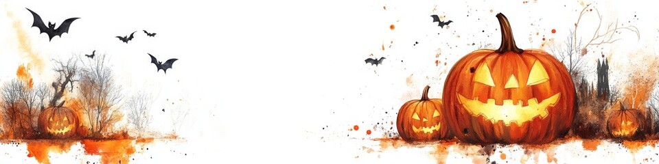 Watercolor Halloween Jack-o'-lanterns, Bats and Trees, Festive , Spooky