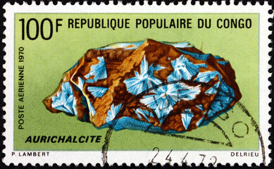 Postage stamp Congo 1970 Aurichalcite, is a carbonate mineral, usually found as a secondary mineral in cooper and zinc deposits