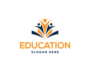 Abstract education logo design with students and graduation cap vector template for university and school branding