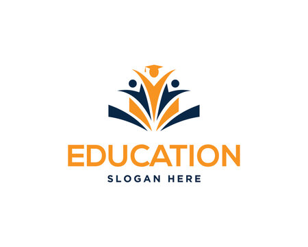 Abstract education logo design with students and graduation cap vector template for university and school branding