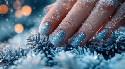 Winter nails adorned with glittering blue and snowy details