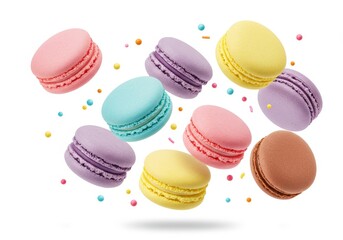 Obraz premium Colorful macarons isolated on white background, a sweet dessert treat